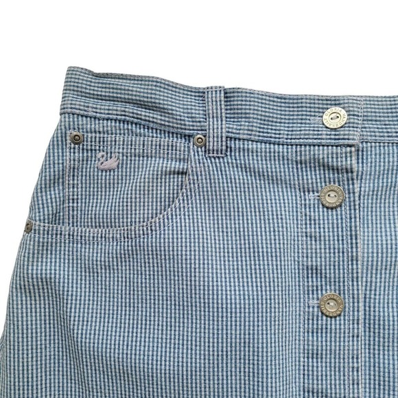 Vintage Gingham Denim Button Front A-line Skirt 10 Blue White Checkered - Picture 1 of 11